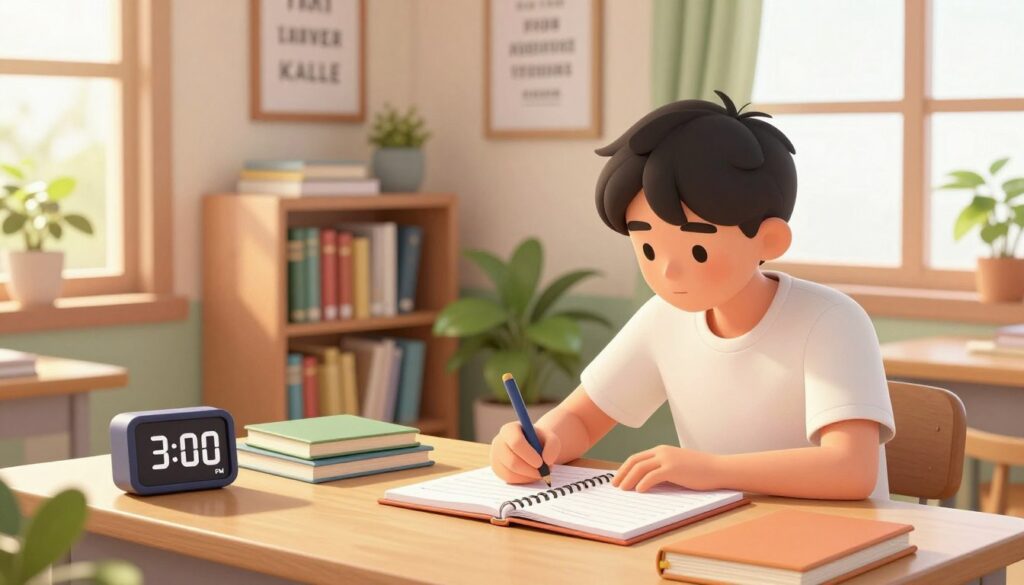 A serene study environment illustrating effective time management and self-discipline. In the foreground, a well-organized desk featuring a planner, notebooks, and a digital clock displaying 3:00 PM. A focused high school student, dressed in casual, modest clothing, sits attentively writing notes, with a determined expression on their face. In the middle ground, a bookshelf filled with neatly arranged study materials, motivational quotes framed on the wall, and an open window letting in warm sunlight, casting gentle shadows across the scene. In the background, soft green plants add a touch of calmness, enhancing the atmosphere of productivity and concentration. The overall mood is inspiring and encouraging, suggesting a space conducive to learning and personal growth. A serene study environment illustrating effective time management and self-discipline. In the foreground, a well-organized desk featuring a planner, notebooks, and a digital clock displaying 3:00 PM. A focused high school student, dressed in casual, modest clothing, sits attentively writing notes, with a determined expression on their face. In the middle ground, a bookshelf filled with neatly arranged study materials, motivational quotes framed on the wall, and an open window letting in warm sunlight, casting gentle shadows across the scene. In the background, soft green plants add a touch of calmness, enhancing the atmosphere of productivity and concentration. The overall mood is inspiring and encouraging, suggesting a space conducive to learning and personal growth.