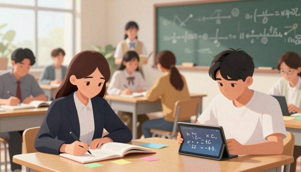 A serene study environment showcasing a diverse group of students mastering complex subjects. In the foreground, a young woman in professional attire is intently studying at a desk, surrounded by open textbooks and colorful notes. To her right, a young man is solving problems on a digital tablet, deep in concentration. In the middle ground, other students engaged in lively discussions and collaborative learning, sharing ideas and resources. The background features a large chalkboard filled with mathematical formulas and diagrams, emphasizing the intellectual pursuit. Soft, natural lighting filters through large windows, creating a warm and inviting atmosphere. The lens captures a slight depth of field, focusing on the engaged students while softly blurring the background, enhancing the mood of learning and collaboration.
