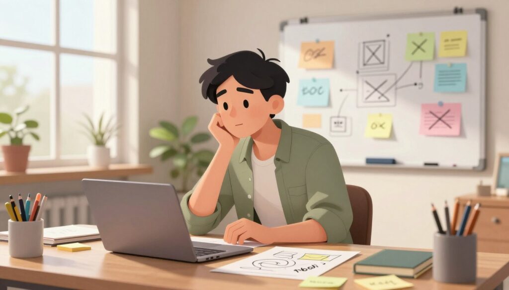 A serene workspace showcasing a creative professional in modest casual clothing, sitting at a desk cluttered with brainstorming tools like sticky notes, sketches, and a laptop. The focus is on the individual, who is looking contemplative yet inspired, surrounded by a warm, inviting atmosphere created by soft natural light streaming through a nearby window. In the background, a whiteboard filled with colorful ideas and crossed-out words symbolizes overcoming creative blocks. The setting includes elements like houseplants and art supplies, enhancing the mood of creativity and resilience. The composition is balanced, with a slight depth of field to keep emphasis on the subject while providing an engaging environment, evoking a sense of calm and motivation.