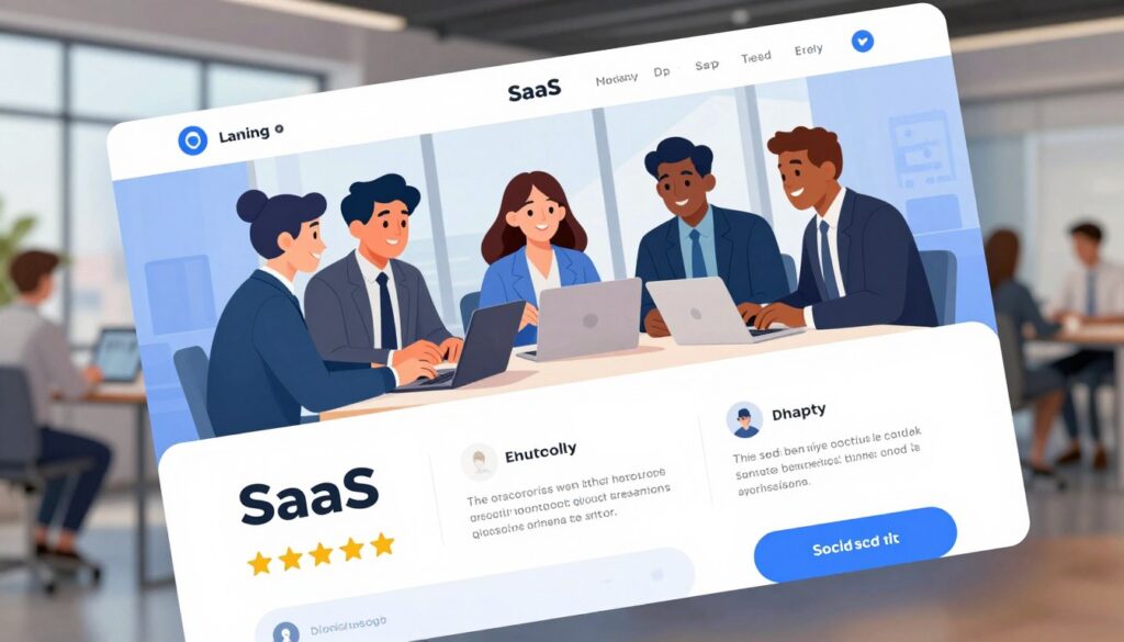 A sleek and modern SaaS landing page design is illustrated in the foreground, featuring a prominent section showcasing social proof, such as customer testimonials and star ratings. In the middle ground, a diverse group of professionals in smart business attire discusses the features on laptops and tablets, looking engaged and satisfied. The background reveals an open office space with large windows, allowing soft natural light to fill the scene, creating a warm and inviting atmosphere. The color scheme includes blues and whites, conveying professionalism and trust. The camera angle is slightly tilted from above, emphasizing the collaborative nature of the environment, while maintaining focus on the landing page elements. The overall mood is optimistic and forward-thinking, encouraging viewers to imagine the potential of leveraging social proof in their own projects.