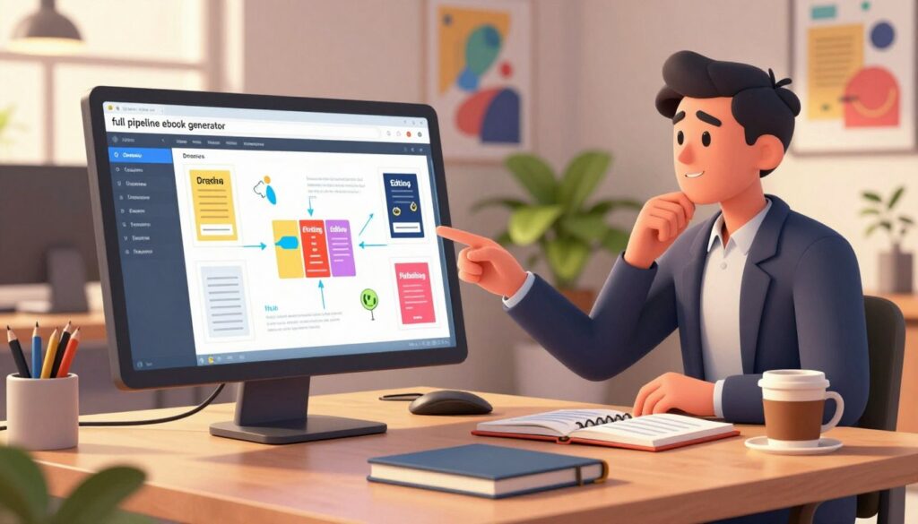A sleek and modern digital workspace, showcasing a "full pipeline ebook generator" in action. In the foreground, a large computer screen displays a dynamic interface filled with vibrant visual elements depicting ebook creation stages, including brainstorming, drafting, editing, and publishing. To the right, a professional dressed in smart business attire engages with the screen, deep in thought, while brainstorming ideas. The middle ground features an organized desk with notebooks, a coffee cup, and high-quality writing tools, evoking creativity. The background exhibits a softly lit room with inspirational posters and a lush plant, enhancing productivity. The overall atmosphere is innovative and focused, capturing the essence of digital storytelling and efficient content creation. The lighting is warm and inviting, casting gentle shadows to create depth.