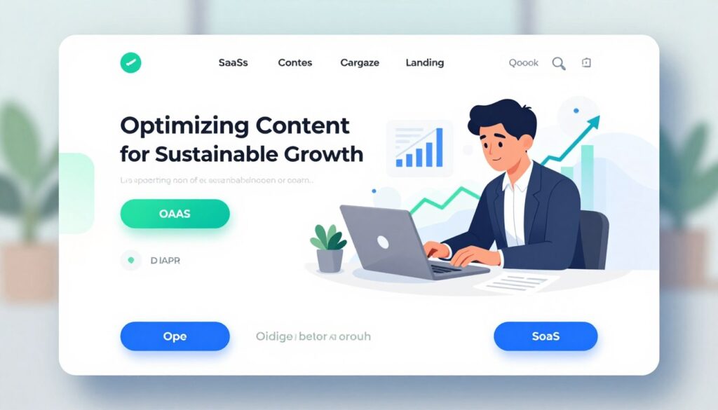 A sleek and modern landing page layout for a SaaS product, designed to convey the theme of "Optimizing Content for Sustainable Growth." The foreground features engaging UI elements like call-to-action buttons and vibrant graphics illustrating growth metrics. The middle ground showcases a professional user in a well-lit workspace, wearing business attire, actively analyzing content strategies on a laptop. In the background, abstract visuals of graphs and charts symbolize growth and optimization, with a soft-focus on green and blue tones to evoke professionalism and trust. The lighting is bright and inviting, creating a positive atmosphere. The image captures a sense of innovation and progress, perfect for illustrating the concept of effective SaaS content creation.
