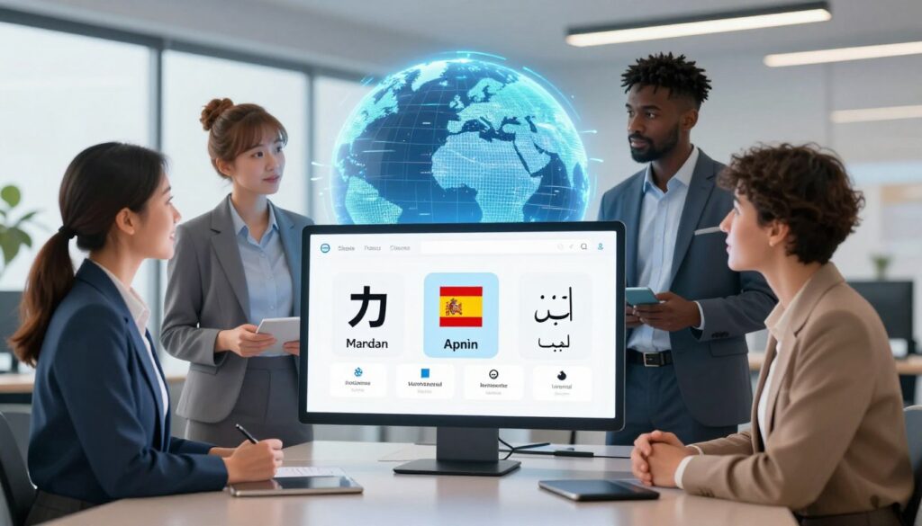 A sleek and modern multilingual translation tool interface displayed prominently in the foreground, showcasing icons representing various languages including Mandarin, Spanish, and Arabic. Surrounding the tool, a diverse group of three professionals—one Asian female, one Black male, and one Hispanic female—are engaged in a collaborative discussion, all dressed in smart business attire. In the middle ground, a digital globe illuminates the room with soft, ambient lighting to symbolize global reach. The background features a contemporary office space with large windows letting in natural light, creating a bright and inviting atmosphere. Use a wide-angle lens to capture the depth of the scene, with a focus on the expressions of collaboration and innovation, reflecting a professional and inspiring mood.