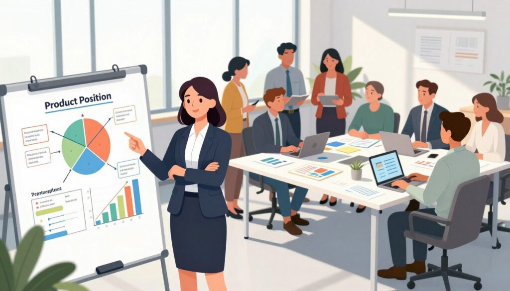 A sleek and modern office environment illustrates the concept of product positioning. In the foreground, a professional businesswoman, dressed in smart attire, stands confidently next to a large whiteboard filled with colorful diagrams and charts illustrating product features and market segments. In the middle ground, a diverse group of professionals, including a man and a woman in casual business wear, collaborate around a table strewn with laptops, notes, and marketing materials, discussing strategies. The background features large windows allowing natural light to pour in, creating a bright and optimistic atmosphere. Soft shadows enhance the space, and the composition should be shot from a slightly elevated angle to emphasize teamwork and dynamic discussions about avoiding pitfalls in product positioning.