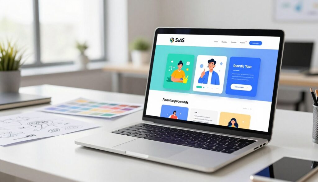 A sleek and modern website interface design displayed on a clean, contemporary laptop. Foreground: Close-up of the laptop with vibrant visuals of a SaaS platform showcasing user-friendly features and engaging graphics. Middle: A designer's workspace, with sketches and color palettes scattered, highlighting a blend of creative strategy and digital execution. Background: A bright office setting with soft natural light streaming through large windows, creating an inspiring and productive atmosphere. The scene should convey professionalism and innovation, with subtle reflections on the laptop screen to enhance depth. The lens should be a wider angle, emphasizing the entire workspace, while maintaining a crisp focus on the laptop and its design elements.