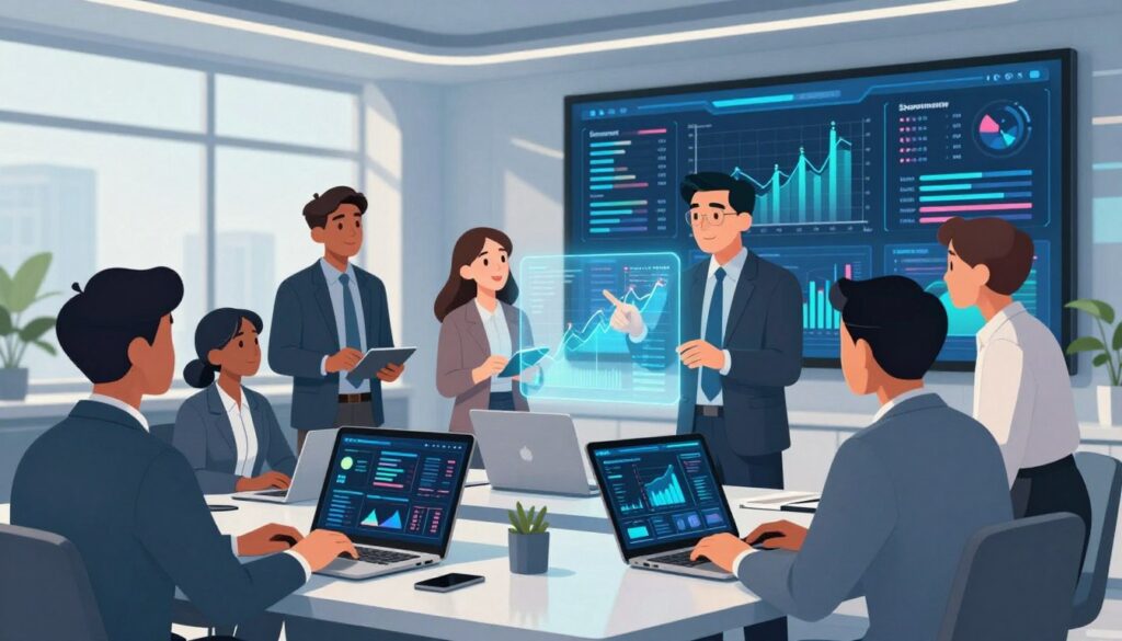 A sleek, modern office environment filled with high-tech analytics displays and large digital screens showcasing vibrant data visualizations. In the foreground, a diverse group of professionals in business attire, intently discussing data insights; one person is pointing at a glowing holographic graph, emphasizing advanced analytics concepts. In the middle ground, various devices like laptops and tablets are open with graphs and metrics visibly rendered on their screens. The background features futuristic architecture with large windows that filter in soft, natural light, creating a bright and optimistic atmosphere. The overall mood is dynamic and focused, capturing the essence of data-driven decision-making in a collaborative workspace. The image should be composed with a medium angle, highlighting interactions and the technology seamlessly.