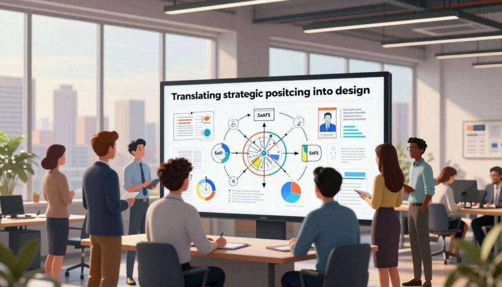 A sleek, modern office space filled with innovative design elements showcases the concept of "translating strategic positioning into design." In the foreground, a diverse group of professionals in business attire collaborate around a large, interactive digital display, analyzing data and design concepts. The middle layer features a large whiteboard filled with colorful sketches and strategic diagrams, representing the thought process behind effective SaaS design. In the background, tall windows reveal a city skyline bathed in warm, natural light, creating an inspiring atmosphere. The composition is focused, with a slight depth of field effect to emphasize the team’s engagement. The overall mood is one of collaboration, creativity, and professionalism, highlighting the synergy between strategy and design.