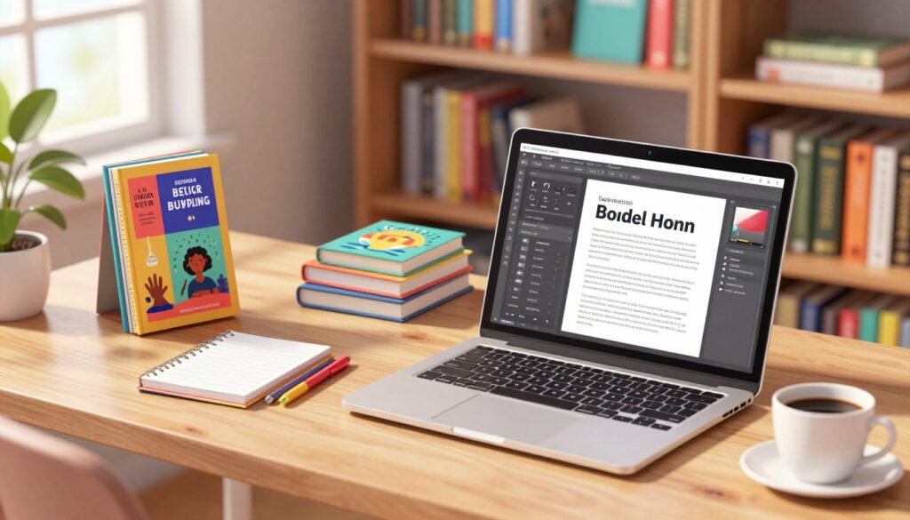 A sleek, modern workspace is depicted in the foreground, featuring a laptop open to an eBook design software, with visually appealing graphics displayed on the screen. Beside the laptop, there's a stack of vibrant eBook covers showcasing diverse genres like fiction, self-help, and business strategies, symbolizing the concept of bundling. In the middle, an elegant desk with a notepad, some colorful pens, and a cup of coffee adds a touch of creativity. The background features a cozy bookshelf filled with various printed books, blending traditional and digital literature. Soft, natural light streams in from a nearby window, creating a warm, inviting atmosphere. The camera captures the scene at a slight angle to emphasize depth, evoking a creative and professional mood perfect for aspiring writers.