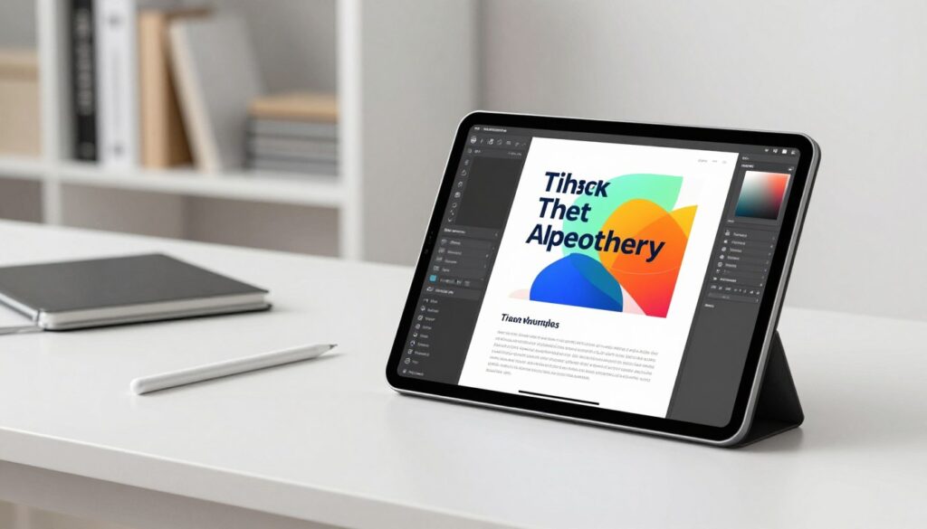 A sleek, professional ebook layout displayed on a clean, minimalist workspace. In the foreground, a high-resolution tablet showcases an elegant ebook cover featuring modern typography and a vibrant image. The middle ground features a few scattered digital tools like a stylus and design software interface. The background includes a softly blurred bookshelf filled with neatly arranged books for context. The lighting is bright and inviting, highlighting the tablet's colors, creating a sense of focus and creativity. The mood is professional yet inspiring, suggesting efficiency and innovation in digital publishing. No text, logos, or people are present.