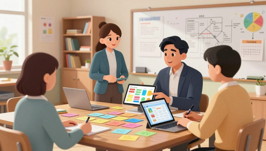A small group instruction planning tool depicted in a modern educational setup. In the foreground, a wooden table is scattered with colorful index cards, markers, and laptops displaying interactive lesson plans. In the middle ground, two professional educators, one male and one female, are engaged in discussion, both dressed in smart casual attire. One points to a digital tablet displaying a vibrant learning chart. The background features a well-organized classroom with bookshelves, educational posters, and a large whiteboard filled with notes and diagrams. Soft, natural lighting casts a warm glow, creating an inviting and productive atmosphere. The composition emphasizes collaboration and efficiency in lesson planning, symbolizing effective tutoring methods. A small group instruction planning tool depicted in a modern educational setup. In the foreground, a wooden table is scattered with colorful index cards, markers, and laptops displaying interactive lesson plans. In the middle ground, two professional educators, one male and one female, are engaged in discussion, both dressed in smart casual attire. One points to a digital tablet displaying a vibrant learning chart. The background features a well-organized classroom with bookshelves, educational posters, and a large whiteboard filled with notes and diagrams. Soft, natural lighting casts a warm glow, creating an inviting and productive atmosphere. The composition emphasizes collaboration and efficiency in lesson planning, symbolizing effective tutoring methods.