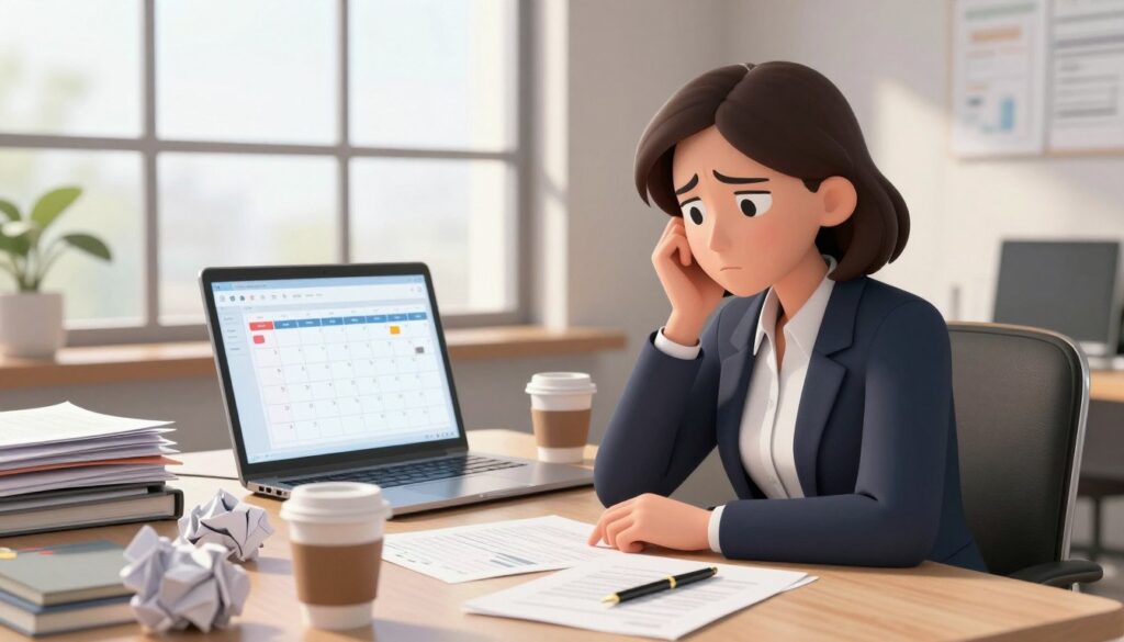 A sophisticated office setting showcasing a professional individual, a woman in smart business attire, sitting at a cluttered desk filled with crumpled papers, notebooks, and empty coffee cups, symbolizing the challenges of content creation bottlenecks. In the foreground, the woman appears thoughtful and slightly overwhelmed, reflected in her focused expression. In the middle ground, a laptop screen displays a content calendar with several deadlines looming, conveying urgency. The background features a large window with natural light flooding in, casting shadows across the workspace, emphasizing a sense of confinement and pressure. The mood is intense yet hopeful, suggesting a breakthrough as the viewer can sense the potential for overcoming creative barriers. Soft ambient lighting enhances the atmosphere, highlighting the professional struggle.