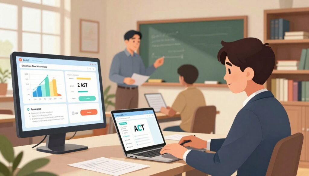 A split-screen illustration comparing digital SAT and ACT resources to traditional tutoring. In the foreground, a confident student in professional business attire is sitting at a modern desk with a laptop, focused on an engaging online study platform. On the left, the screen demonstrates colorful graphs, interactive quizzes, and a countdown timer for practice tests. In the middle, a traditional tutor, dressed in modest casual clothing, interacts with another student using paper materials and a chalkboard, illustrating a more structured setting. The background features a warm, inviting study room with bookshelves and both technology and textbooks, creating a balanced atmosphere. Soft, natural light floods the space from a window, enhancing the scene's focus on education and support. The overall mood is encouraging and focused on the benefits of both study methods. A split-screen illustration comparing digital SAT and ACT resources to traditional tutoring. In the foreground, a confident student in professional business attire is sitting at a modern desk with a laptop, focused on an engaging online study platform. On the left, the screen demonstrates colorful graphs, interactive quizzes, and a countdown timer for practice tests. In the middle, a traditional tutor, dressed in modest casual clothing, interacts with another student using paper materials and a chalkboard, illustrating a more structured setting. The background features a warm, inviting study room with bookshelves and both technology and textbooks, creating a balanced atmosphere. Soft, natural light floods the space from a window, enhancing the scene's focus on education and support. The overall mood is encouraging and focused on the benefits of both study methods.