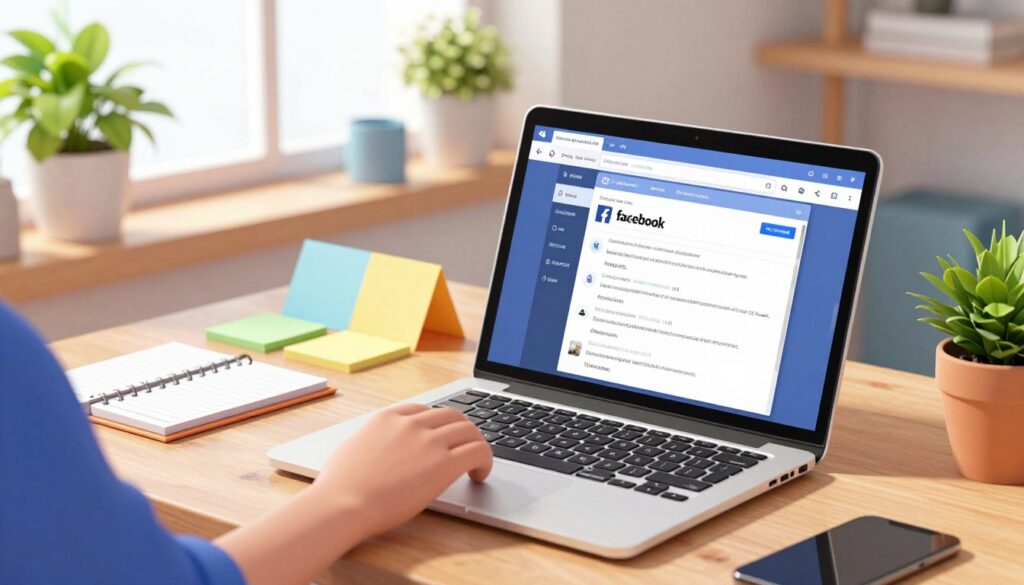 A stylish workspace featuring a sleek laptop displaying a Facebook post scheduling interface. In the foreground, a hand is poised over the keyboard, actively engaged in creating posts. The middle ground shows a neatly organized desk, adorned with colorful notes and a modern planner, creating a vibrant atmosphere. In the background, a large window lets in warm, natural light, illuminating the space and creating a sense of productivity. Various plants are positioned on the windowsill, adding a touch of greenery to the scene. The overall mood exudes efficiency and creativity, emphasizing an automated workflow for social media management, illuminating the power of technology in streamlining content strategies.
