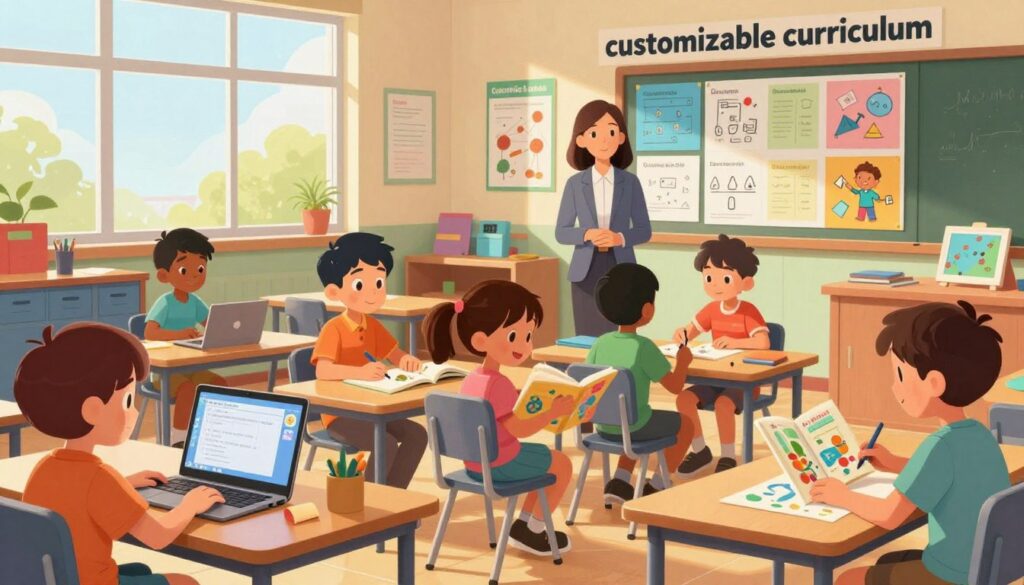 A vibrant and dynamic classroom scene illustrating a "customizable curriculum" concept. In the foreground, a diverse group of children, aged 8-12, are engaged in various learning activities, such as coding on laptops, reading interactive books, and collaborating on art projects. Each child displays focused expressions, reflecting a supportive learning environment. The middle ground features a teacher, dressed in professional attire, guiding a small group while surrounded by colorful, wall-mounted educational materials that showcase different subjects like math, science, and art. The background reveals a bright, sunlit classroom with large windows, inspiring posters, and learning stations. Warm, natural lighting enhances the welcoming atmosphere, conveying excitement and creativity in after-school learning.