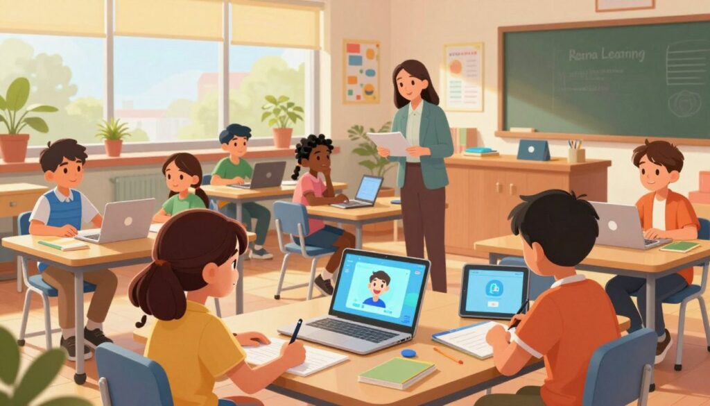 A vibrant and dynamic classroom scene illustrating personalized learning, where a diverse group of students collaborates at modern desks equipped with laptops and digital tablets. In the foreground, a focused female student reviews her work with a friendly AI tutor displayed on her device screen. The middle ground features a teacher guiding students in small groups, encouraging interaction and collaboration. In the background, large windows let in warm natural light, illuminating colorful educational posters and plants. The atmosphere is energetic and inspiring, emphasizing innovation in education. Use a wide-angle lens to capture the entire classroom, ensuring the lighting highlights the enthusiasm of the learning environment.