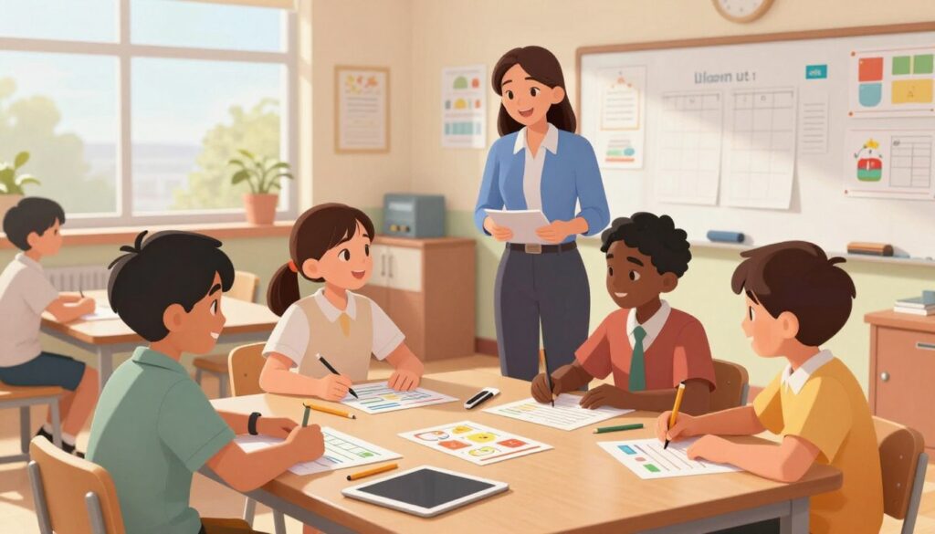A vibrant and engaging classroom scene filled with diverse students actively participating in assessments. In the foreground, a group of four students, two boys and two girls, are seated at a large table covered with colorful assessment sheets, pencils, and tablets. They are dressed in smart casual clothing, focused and collaborating. The middle ground features a teacher walking around, providing guidance and encouragement with a smile, demonstrating a supportive atmosphere. The background shows a large whiteboard filled with visual aids and educational posters, bright windows letting natural light flood the room, creating an uplifting and motivating environment. The angle is slightly above eye level, emphasizing the interaction among students and the teacher, with warm, inviting lighting that enhances the overall mood of positivity and academic support.