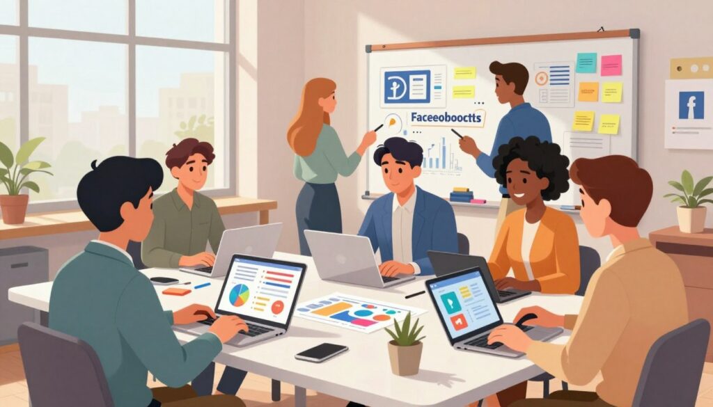 A vibrant and engaging office workspace filled with bright visuals that symbolize effective Facebook promotions. In the foreground, a diverse group of professionals in smart casual attire collaborates around a stylish table, analyzing colorful digital charts and eye-catching social media visuals on laptops and tablets. In the middle, a large whiteboard displays creative ideas and visuals, while vibrant sticky notes add a pop of color. The background features large windows with soft, natural light streaming in, creating an open and inviting atmosphere. The scene exudes energy and teamwork, emphasizing the importance of compelling visuals in marketing. The composition is captured from a slightly elevated angle to enhance depth and focus on the interaction, with a warm, inspiring mood throughout the workspace.