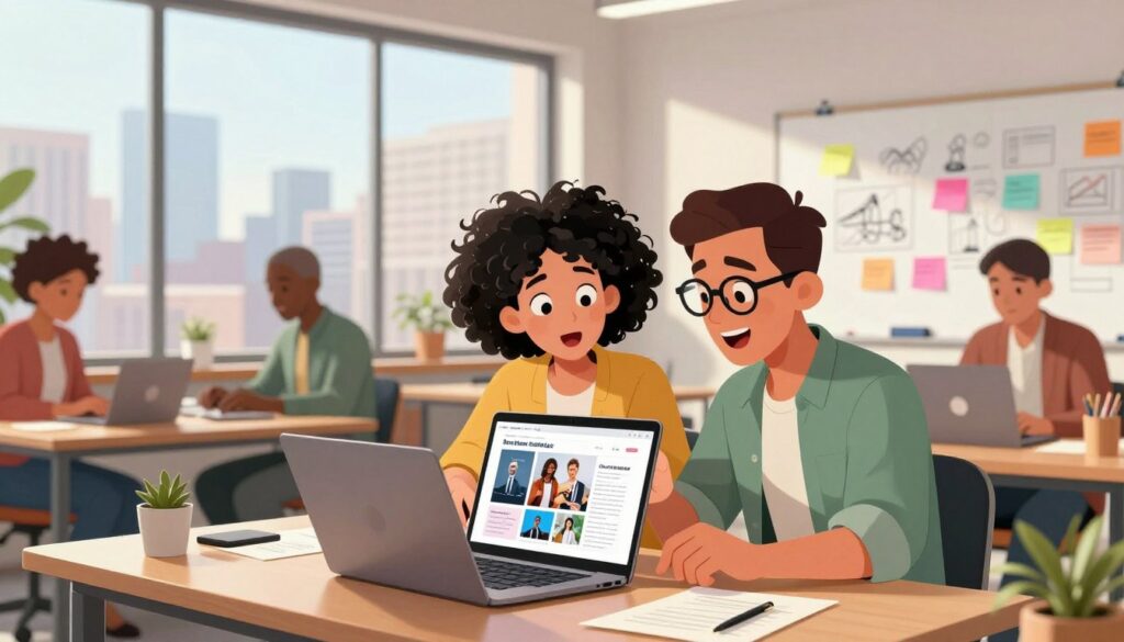 A vibrant and eye-catching scene depicting a diverse group of professionals in a modern office setting, engaged in brainstorming ideas for social media content. In the foreground, a woman with short curly hair and a man with glasses analyze a visually appealing social media post displayed on a laptop, their expressions focused and enthusiastic. The middle ground features a creative workspace with colorful sticky notes, a whiteboard filled with sketches, and a large window allowing natural light to flood the room, enhancing the atmosphere. The background showcases a city skyline through the window, adding depth and context. The overall mood is dynamic and inspiring, emphasizing teamwork and creativity, with a warm color palette that draws the eye, evoking a sense of innovation and engagement.