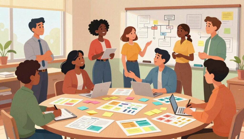 A vibrant and inviting classroom filled with diverse teachers actively engaged in brainstorming project ideas. In the foreground, a round table is covered with colorful sticky notes, charts, and project templates, illustrating a collaborative atmosphere. The middle ground features teachers of various ethnicities, including a woman in smart casual attire and a man in a professional shirt, animatedly discussing and exchanging ideas. The background shows a whiteboard filled with diagrams and flowcharts, adding a dynamic element to the composition. Soft, natural lighting filters through a window, illuminating the space and creating an inspiring, creative mood. Use a slightly elevated angle to capture the entire scene, emphasizing the collaborative spirit of curriculum design.