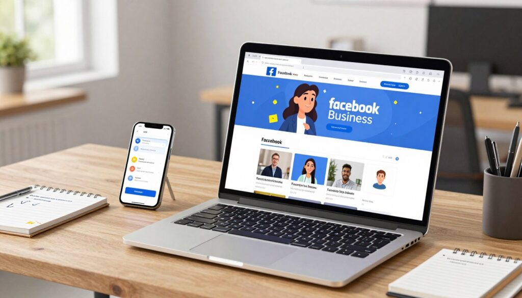 A vibrant and professional scene showcasing a Facebook business page on a computer screen. In the foreground, a sleek laptop open to a colorful Facebook business page featuring an engaging cover photo and well-structured posts, displayed on a modern wooden desk. In the middle, a well-organized workspace includes a smartphone with notifications visible, and a notepad with strategic marketing notes. In the background, a stylish office environment with soft, natural lighting streaming through a window, illuminating the workspace, creating a productive, focused atmosphere. The overall mood conveys optimization and professionalism, suitable for a business-oriented audience. No people are present to ensure the focus remains on the digital assets.