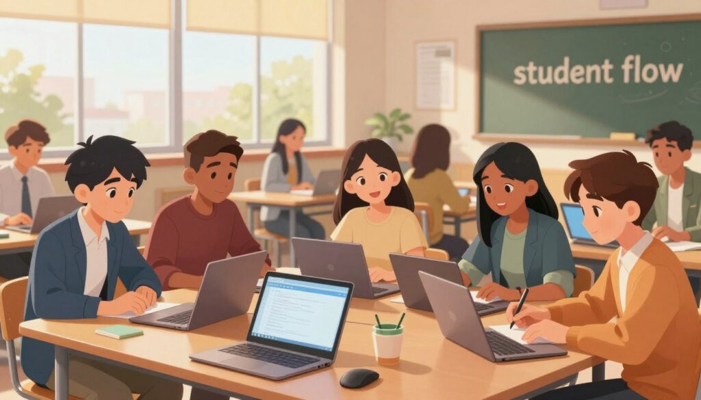 A vibrant classroom scene capturing the essence of "student flow" amidst a group of high school students. In the foreground, a diverse group of students, dressed in professional casual attire, are deeply engaged in collaborative work, their expressions showing focus and enthusiasm. The middle ground features laptops and digital tools scattered across a large table, symbolizing advanced preparation and self-directed learning. In the background, a large window lets in soft, natural light, illuminating the room and creating a warm atmosphere. The lens is set to a slight wide angle to capture the interaction and energy of the space. The mood is positive and motivational, reflecting a supportive learning environment that fosters self-leadership and creativity.