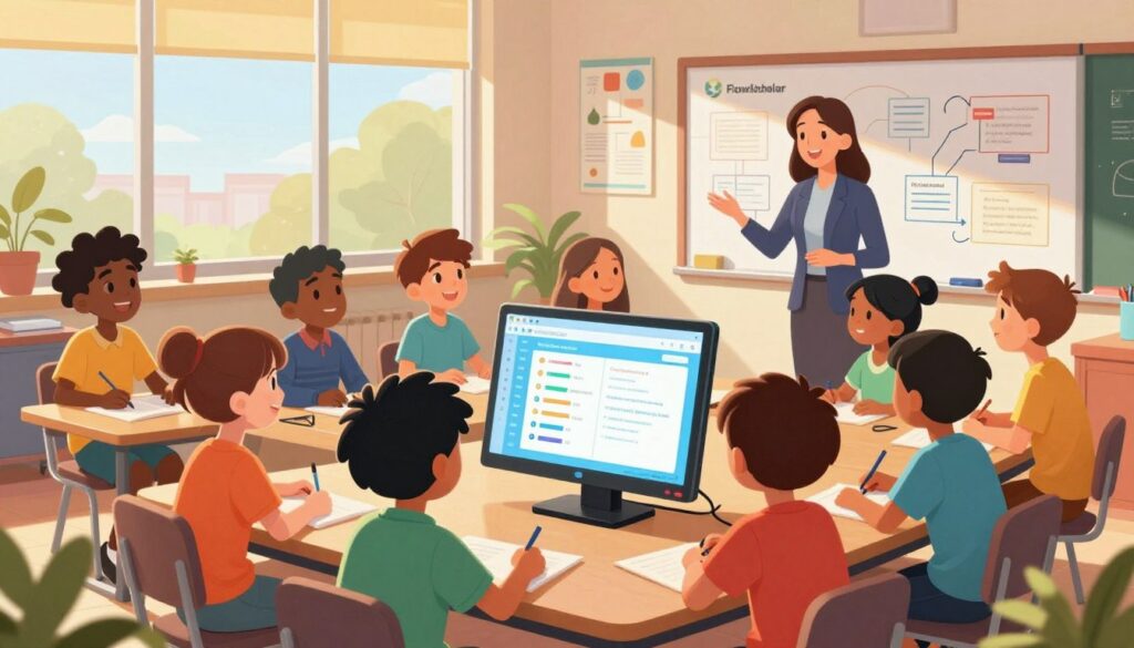 A vibrant classroom scene featuring a diverse group of enthusiastic students engaged in active learning with FlowScholar technology. In the foreground, a group of students of various ethnicities collaborates around a digital screen, displaying interactive learning modules. The middle ground shows a teacher guiding the students, demonstrating a friendly demeanor and wearing professional attire. Sunlight streams in through large windows, creating a warm and inviting atmosphere. The background includes educational posters and a whiteboard filled with brainstorming ideas. The composition is shot from a slightly elevated angle, showcasing dynamic engagement and collaboration while emphasizing the innovative approach of combining technology in the classroom. The mood is energetic and inspiring, highlighting the joy of learning.