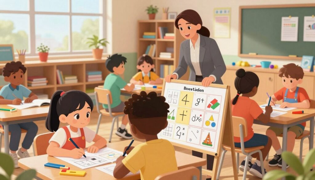 A vibrant classroom scene filled with diverse children engaged in customizing educational activities for various grade levels and subjects. In the foreground, two students, a girl of Asian descent and a boy of African descent, are focused on a colorful chart displaying different activity ideas tailored for math and science. The middle ground features a teacher, a Caucasian woman in professional attire, guiding a group of students as they collaborate on projects. In the background, shelves are filled with educational materials, books, and art supplies, enhancing the learning atmosphere. Soft, natural light streams in through large windows, casting a warm glow over the scene, creating an inspiring and productive mood, while a wide-angle lens captures the interaction and engagement between students and the teacher. A vibrant classroom scene filled with diverse children engaged in customizing educational activities for various grade levels and subjects. In the foreground, two students, a girl of Asian descent and a boy of African descent, are focused on a colorful chart displaying different activity ideas tailored for math and science. The middle ground features a teacher, a Caucasian woman in professional attire, guiding a group of students as they collaborate on projects. In the background, shelves are filled with educational materials, books, and art supplies, enhancing the learning atmosphere. Soft, natural light streams in through large windows, casting a warm glow over the scene, creating an inspiring and productive mood, while a wide-angle lens captures the interaction and engagement between students and the teacher.