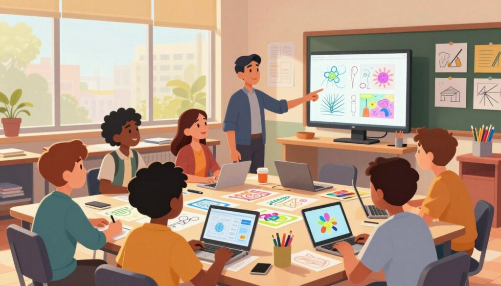 A vibrant classroom scene focused on fostering student creativity through generative tools. In the foreground, a group of diverse students, wearing professional casual attire, are engaged in collaborative brainstorming, surrounded by colorful sketches and digital devices. The middle ground features a teacher guiding them, pointing to a computer screen displaying generative art. In the background, large windows let in warm, natural light, illuminating the room filled with creative materials like art supplies and posters showcasing innovative ideas. The atmosphere conveys excitement and inspiration, emphasizing a supportive learning environment where technology meets creativity. The composition should have a warm color palette, capturing a sense of enthusiasm and collaboration.