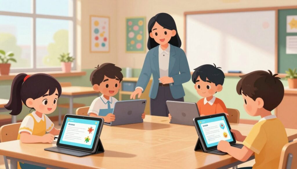 A vibrant classroom scene illustrating adaptive learning in action. In the foreground, a diverse group of four students—two boys and two girls—engaged with personalized tablets, showcasing focused expressions. Each student's screen displays different educational content tailored to their individual learning needs. In the middle, a teacher circulates among the students, offering guidance and support, wearing professional attire. The background features a bright, modern classroom with colorful educational posters and a whiteboard, symbolizing collaboration and innovation. Soft, natural light streams in through large windows, creating an inviting atmosphere. The image conveys a sense of growth, positivity, and empowerment as students thrive in a customized learning environment.