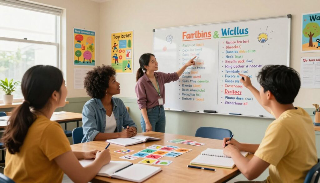 A vibrant classroom scene with a large, colorful vocabulary list prominently displayed on a whiteboard. In the foreground, a diverse group of three adult learners, including a Black woman, a Hispanic man, and an Asian woman, are engaged in discussion and pointing at the list, showcasing their enthusiasm for language learning. In the middle ground, a wooden table is scattered with open notebooks, pens, and language flashcards. The background features educational posters on the walls, rich in linguistic themes and colorful imagery. The room is filled with natural light streaming in through large windows, creating a warm and inviting atmosphere. The overall mood should feel collaborative and supportive, promoting accessibility and differentiation in learning. Use a wide-angle lens to capture the dynamic interaction of the students in this inclusive space.