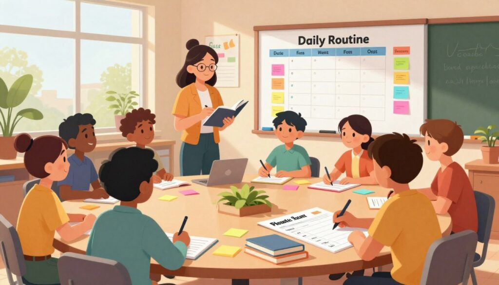 A vibrant classroom setting designed for a flow-friendly daily routine, featuring a diverse group of middle school teachers collaborating at a large circular table. In the foreground, a teacher with glasses and a neatly tied bun is writing on a planner, surrounded by colorful sticky notes and books. In the middle ground, a whiteboard displays a daily schedule with different subjects visually arranged to promote ease of access. In the background, large windows let in soft, natural light, illuminating the space filled with plants and educational posters. The atmosphere is warm and welcoming, encouraging creativity and productivity, with a hint of modern design elements. The image captures a sense of focus and teamwork, embodying effective planning and collaboration in an educational environment.