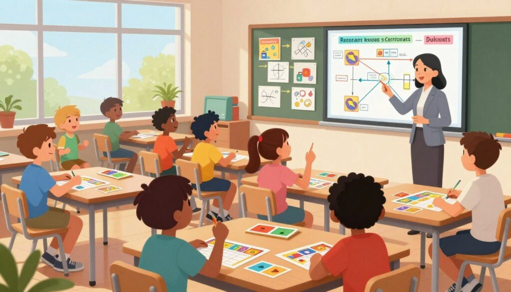 A vibrant classroom setting filled with diverse students engaged in collaborative learning activities. In the foreground, a teacher in professional attire enthusiastically demonstrates an educational game on a smartboard, while students seated at their desks actively participate, with game cards and colorful materials spread across their tables. In the middle ground, a bulletin board displays a visually appealing curriculum map outlining various subjects and game integration strategies, adorned with drawings and student artwork. The background features large windows that let in bright natural light, enhancing the positive and energetic atmosphere. The image captures a sense of excitement and creativity, emphasizing the integration of fun and educational games into traditional learning spaces. The focus is clear, with a slightly elevated angle to provide a comprehensive view of the classroom dynamics.