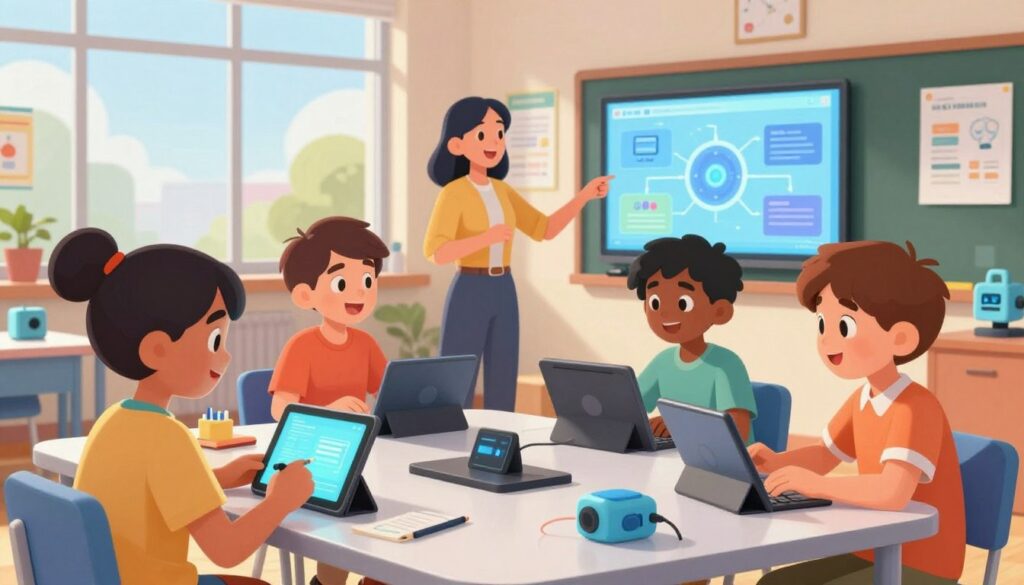 A vibrant classroom setting focused on AI enrichment activities for gifted students. In the foreground, a diverse group of four students, fully engaged and working together, are seated around a modern table filled with tablets and interactive AI tools. Each student is dressed in modest casual clothing and displaying expressions of curiosity and excitement. In the middle ground, a teacher interacts with a smart board, illustrating complex concepts using dynamic visuals. Large windows in the background allow natural light to pour in, creating an inviting atmosphere. The room is colorful, adorned with educational posters and tech gadgets. The overall mood is one of collaboration and innovation, emphasizing the integration of AI in learning. The image should reflect a futuristic yet approachable educational environment, capturing the essence of gifted students exploring advanced topics. A vibrant classroom setting focused on AI enrichment activities for gifted students. In the foreground, a diverse group of four students, fully engaged and working together, are seated around a modern table filled with tablets and interactive AI tools. Each student is dressed in modest casual clothing and displaying expressions of curiosity and excitement. In the middle ground, a teacher interacts with a smart board, illustrating complex concepts using dynamic visuals. Large windows in the background allow natural light to pour in, creating an inviting atmosphere. The room is colorful, adorned with educational posters and tech gadgets. The overall mood is one of collaboration and innovation, emphasizing the integration of AI in learning. The image should reflect a futuristic yet approachable educational environment, capturing the essence of gifted students exploring advanced topics.