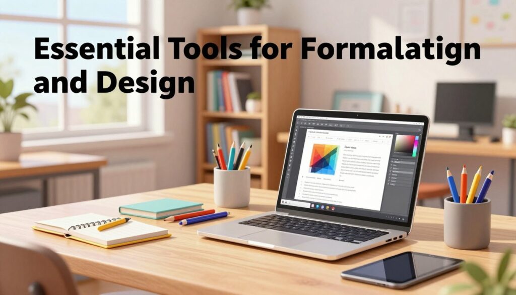 A vibrant cover design for an article section titled "Essential Tools for Formatting and Design". In the foreground, an elegantly arranged workspace with a stylish laptop open, displaying an innovative design software interface. Beside the laptop, there are colorful design tools like pens, a sketchbook, and a tablet. In the middle ground, a well-organized shelf filled with books on design principles and self-publishing. The background features a bright, airy office space with large windows allowing natural sunlight to illuminate the area. Soft shadows create a welcoming ambiance. The scene is captured with a slight angle to emphasize depth, with a warm color palette to evoke creativity and professionalism.