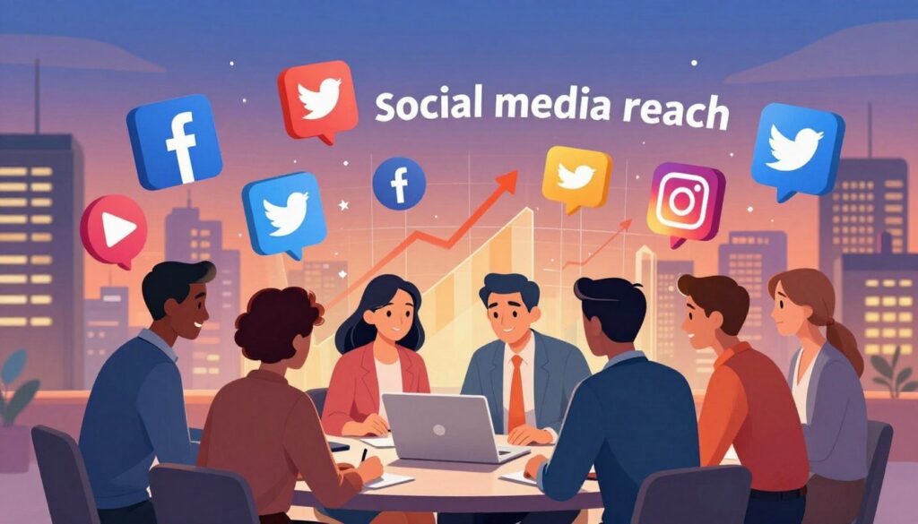 A vibrant digital illustration depicting the concept of "social media reach", focusing on a dynamic scene filled with floating icons representing popular social media platforms like Facebook, Twitter, and Instagram. In the foreground, a diverse group of professionals, dressed in smart casual attire, are gathered around a sleek laptop, engaged in a lively discussion about social media strategies. The middle ground showcases visual elements like upward-trending graphs and digital notifications, symbolizing growth and engagement. In the background, a city skyline stretches out, symbolizing the global nature of social media. The scene is illuminated with warm, inviting lighting that creates a sense of optimism and collaboration, shot from a slightly elevated angle to provide a comprehensive view of the dynamic interaction.