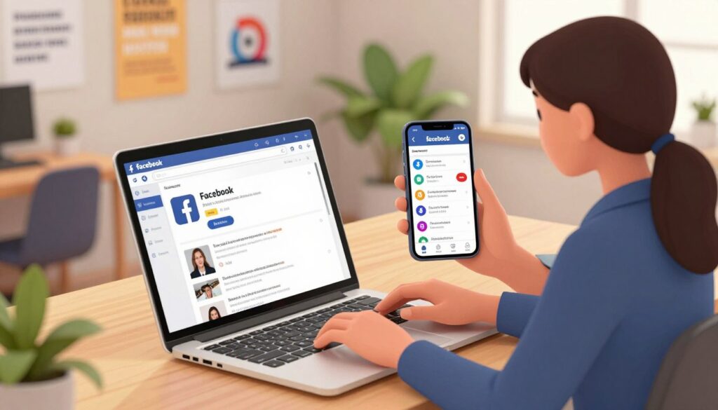 A vibrant digital workspace illustrating active engagement on Facebook for business growth. In the foreground, a professional woman in smart casual attire is typing on a laptop, displaying the Facebook interface with notifications and interaction activity visible. In the middle ground, a smartphone on the desk shows a lively Facebook feed with colorful posts and comments. The background features a modern office with motivational posters about social media success, soft green plants, and warm ambient lighting creating an inviting atmosphere. The scene captures a dynamic and focused mood, emphasizing the importance of staying connected and active on social media for professional success. The angle is slightly overhead, showcasing both the laptop and smartphone, highlighting the digital interaction.