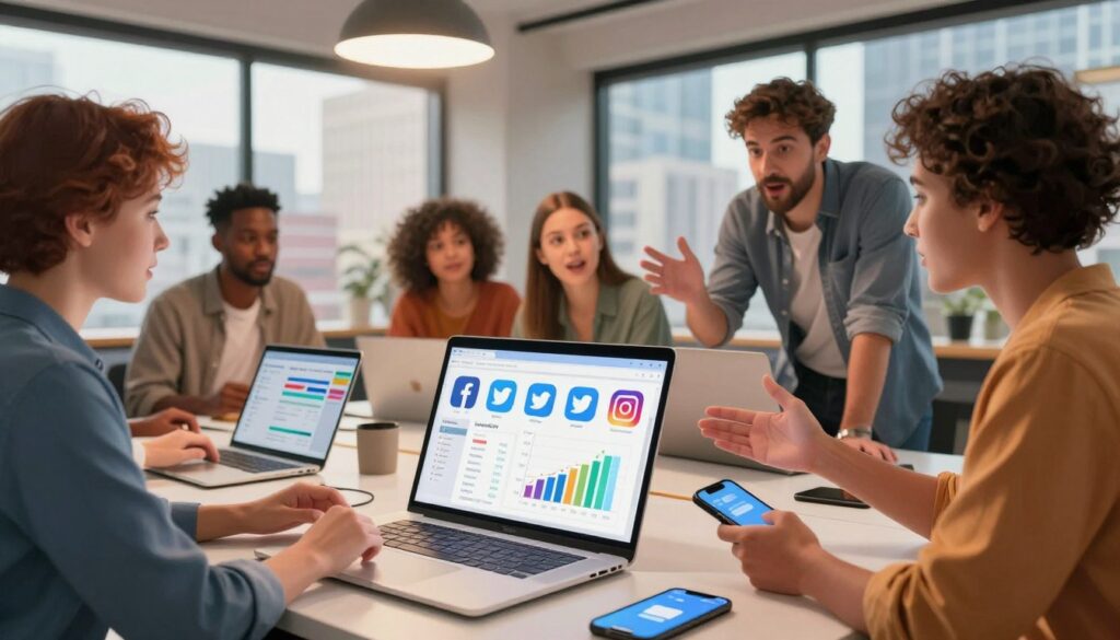 A vibrant digital workspace showcasing a multi-channel social media integration, with a diverse group of professionals in smart casual attire collaborating around a modern desk laden with devices like laptops, tablets, and smartphones. In the foreground, a close-up of a laptop screen displays social media analytics, graphs, and various platform icons like Facebook, Twitter, and Instagram, conveying a sense of dynamic interaction. The middle layer features these professionals engaged in discussion, gesturing towards the screen with enthusiasm and focus, illuminated by soft overhead lighting that creates a warm ambiance. In the background, a large window allows for natural light to stream in, offering a view of a bustling cityscape, symbolizing connectivity and outreach. The atmosphere is energetic and collaborative, reflecting innovation in social media strategies.