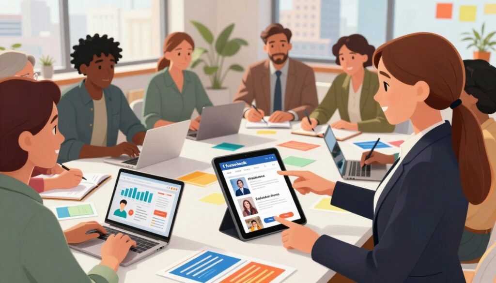 A vibrant, engaging scene depicting a diverse group of professionals brainstorming over a large table filled with colorful marketing materials and digital devices. In the foreground, a young woman in business attire passionately presents her ideas, pointing at a digital tablet displaying a sample Facebook post showcasing a tantalizing offer. The middle ground features colleagues taking notes and discussing strategies, with a laptop showing analytics charts. The background includes a window revealing a bright cityscape, symbolizing opportunity. The lighting is warm and inviting, creating a collaborative atmosphere. The composition has a slight angle from above, emphasizing teamwork and creativity in maximizing offer engagement.