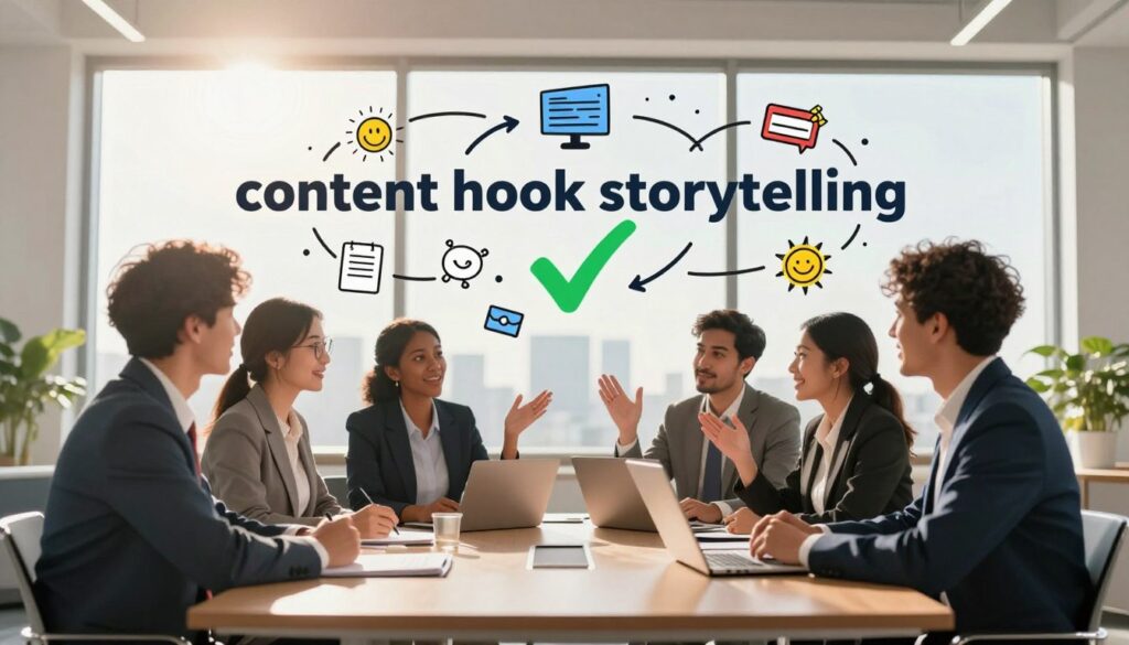 A vibrant, engaging scene illustrating "content hook storytelling" in action. In the foreground, a diverse group of four business professionals, two men and two women, are seated around a contemporary conference table. They are animatedly discussing ideas, each wearing professional business attire, indicating collaboration and creativity. In the middle ground, visuals of engaging story elements—like a narrative arc and metaphorical visuals—float above the table, symbolizing the hook and storytelling framework. The background features a sleek office environment with large windows, allowing warm natural light to flood the scene, creating an inviting atmosphere. A lens flare from the sunlight adds a sense of optimism and energy to the image. The overall mood is dynamic and inspiring, emphasizing the power of storytelling in personal branding.