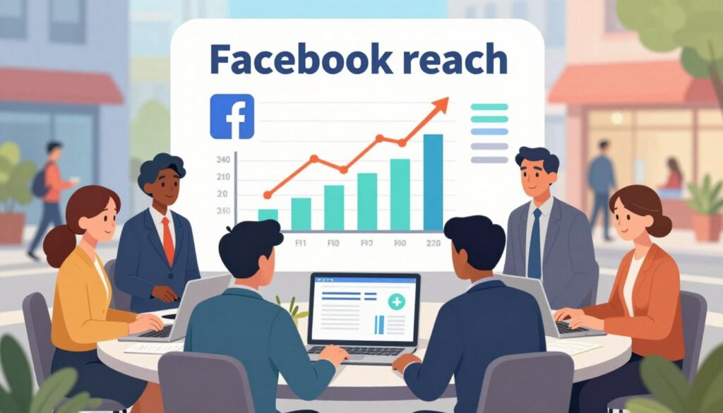 A vibrant illustration depicting the concept of "Facebook reach" for local businesses. In the foreground, visualize a diverse group of professionals in business attire engaging around a laptop, analyzing metrics displayed on the screen. The middle layer features a colorful digital graph or chart representing increasing reach and engagement metrics, infused with the Facebook logo. In the background, an urban landscape subtly hints at a local business environment, with storefronts and people interacting. The setting is bright and modern, capturing a positive and energetic atmosphere. Utilize soft, natural lighting to enhance the feeling of collaboration and innovation, shot from a slight angle to add depth. The image should evoke a sense of growth and community in the digital age.