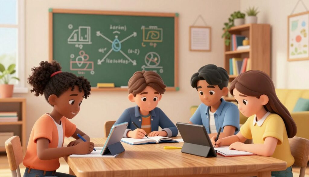 A vibrant, inviting study environment that bridges the gap between classroom and home study. In the foreground, a diverse group of three students—one Black girl, one Hispanic boy, and one Caucasian girl—are engaged around a wooden table filled with notebooks and tablets. They are dressed in smart casual clothing, focusing intently on their work. In the middle ground, a bright chalkboard displays simple, colorful diagrams and formulas that connect school concepts to real-life examples. In the background, a cozy living room with bookshelves and plants blends seamlessly into a classroom setting, suggesting the merging of both worlds. Soft, warm lighting creates an encouraging atmosphere for learning, with a slight focus on the interaction among students, captured at eye level to foster connection and engagement.