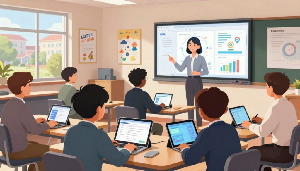 A vibrant, modern classroom scene depicting an adaptive learning environment. In the foreground, a diverse group of students, dressed in professional business attire, engage with personalized learning tools—tablets and interactive screens displaying tailored content. In the middle ground, a teacher facilitates the learning process, using a digital whiteboard filled with data analytics and graphs that represent student progress and learning styles. The background features inspiring educational posters and a window revealing a sunny, green campus. Soft, natural lighting illuminates the space, creating an inviting and dynamic atmosphere that emphasizes collaboration and individualized attention. The image captures the essence of innovation in education, focusing on personalization and technology.
