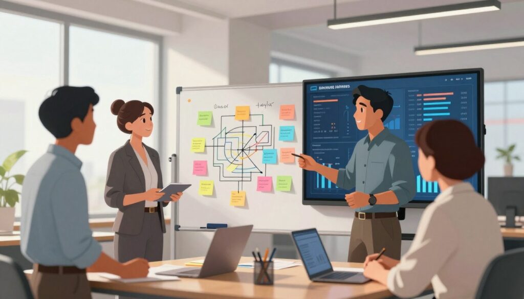 A vibrant, modern office space where diverse professionals collaborate on strategy execution. In the foreground, a team of four individuals, dressed in professional business attire, intensely discusses a large digital dashboard displaying performance metrics and goals. In the middle, a whiteboard filled with colorful post-it notes and strategy maps, showcasing a dynamic brainstorming session. The background features large windows letting in natural light that creates a bright and inviting atmosphere. A soft focus captures the essence of teamwork, highlighting a sense of purpose and productivity. Warm lighting accentuates the faces of the team members, conveying optimism and determination. The composition should emphasize a strategic and collaborative environment without any text or distractions.