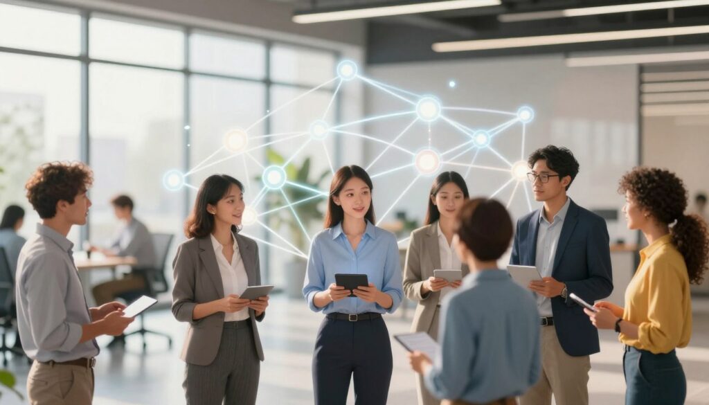 A vibrant network of interconnected professionals forming an ecosystem of relevant connections. In the foreground, a diverse group of individuals, both men and women, dressed in professional business attire, engage in discussions, exchanging ideas and digital devices. In the middle ground, glowing connection lines weave through the air, symbolizing networking pathways and opportunities. The background features a sleek, modern office environment with large windows allowing natural light to filter in, casting a warm and inviting glow over the scene. The atmosphere is dynamic and collaborative, reflecting the spirit of growth and interconnectivity. Lens focus emphasis on the foreground with a shallow depth of field, ensuring the vibrant connections take center stage against a softly blurred backdrop.