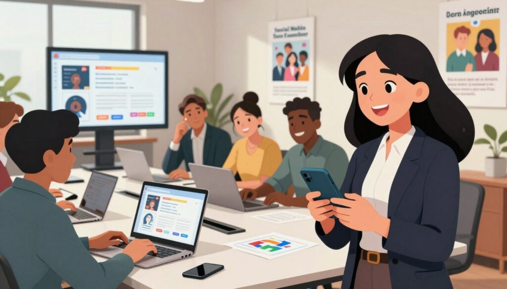 A vibrant office environment depicting a diverse group of professionals engaging in an employee advocacy program. In the foreground, an enthusiastic woman in smart business attire, holding a smartphone, smiles as she shares content with her coworkers. In the middle, a mix of men and women attentively discussing strategies around a modern conference table, with laptops and digital screens displaying social media metrics in the background. Soft, natural lighting enhances the scene, giving a warm and inviting atmosphere. The backdrop features motivational posters about teamwork and social media engagement. The angle is a dynamic perspective that captures the energy and collaboration of the team, conveying a sense of encouragement and enthusiasm for employee-driven advocacy on social media platforms.