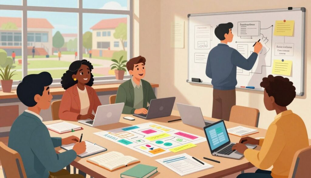 A vibrant scene depicting a diverse group of educators engaged in collaborative planning around a large table filled with colorful charts, sticky notes, and digital devices. In the foreground, show three teachers in professional business attire, smiling and sharing ideas, while another teacher stands, writing on a whiteboard filled with brainstorming concepts. The middle layer should highlight notebooks, laptops, and educational materials, creating a dynamic learning environment. In the background, a sunny window reveals a bustling schoolyard, enhancing the atmosphere of teamwork and innovation. Soft, natural lighting casts warm tones across the room, evoking a sense of positivity and support. Capture the focused expressions and interaction, symbolizing the building of a collaborative planning community.