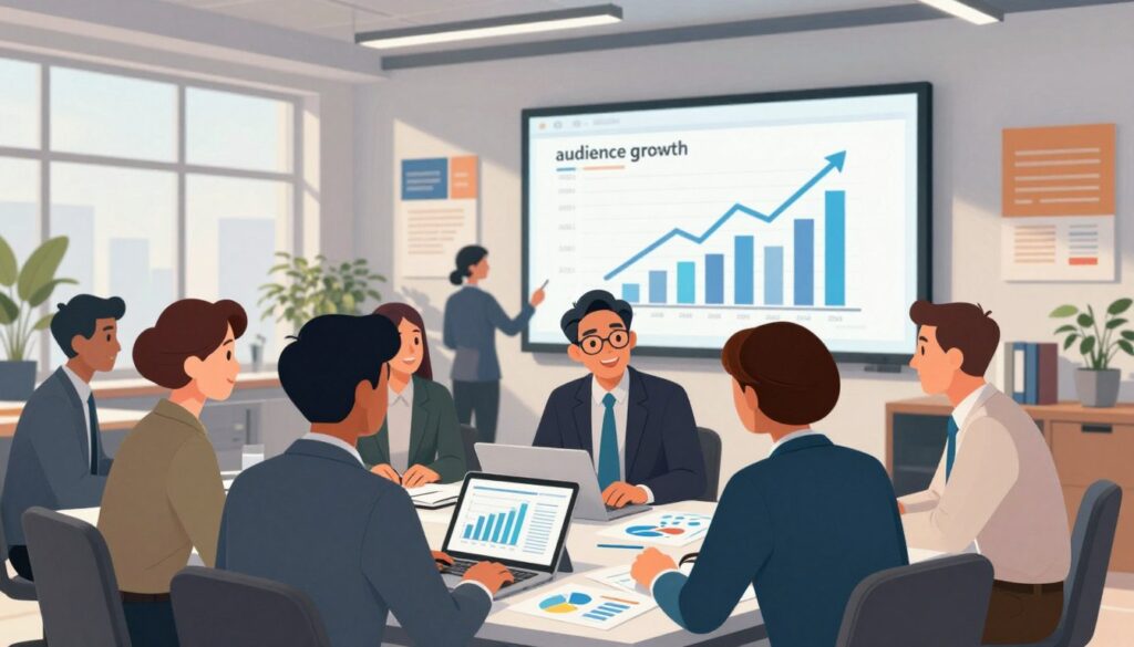 A vibrant scene illustrating "audience growth" in the context of digital marketing. In the foreground, a diverse group of professionals in business attire discussing strategy, with graphs and charts displayed on a tablet or laptop. In the middle ground, visualize upward-trending graphs and large screens showing increasing audience metrics, symbolizing growth and engagement. In the background, a modern office environment with bright lighting, large windows letting in natural light, and motivational posters on the walls to inspire creativity and ambition. The atmosphere should be optimistic and energetic, reflecting the dynamic nature of scaling marketing efforts. Use a wide-angle lens effect to capture the whole scene and emphasize the collaboration.