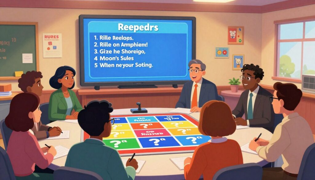 A vibrant scene of a Jeopardy-style game setup, featuring a sleek quiz board filled with colorful categories and question blocks. In the foreground, a diverse group of engaged teachers, dressed in professional business attire, observe the board eagerly, discussing strategy. The middle layer shows a large digital screen displaying the game rules, with a modern classroom decorated with educational posters in the background. Bright, warm lighting illuminates the room, creating an inviting atmosphere. The camera angle is slightly elevated to capture both the teachers’ expressions and the game board effectively, conveying a sense of excitement and collaboration.