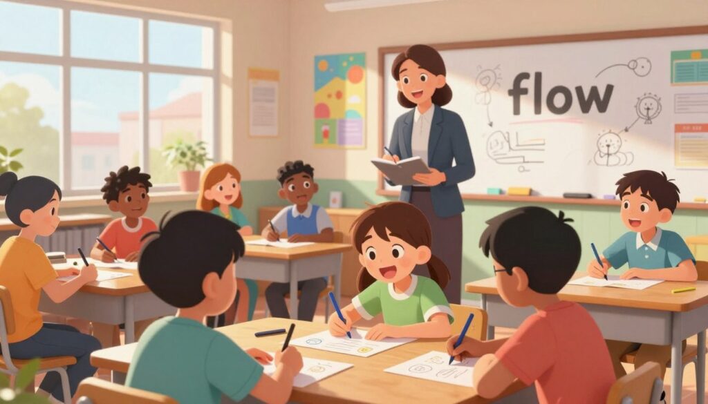 A vibrant school classroom scene illustrating the concept of "flow" among students and teachers. In the foreground, a diverse group of students, focused and engaged, are collaborating on a project, their expressions reflecting excitement and concentration. In the middle ground, a teacher observes and takes notes, embodying the role of a facilitator, dressed in professional attire. The background features colorful educational posters and a large whiteboard filled with ideas, creating a stimulating environment. Soft, natural lighting streams in from large windows, casting a warm glow on the scene. The atmosphere is dynamic, inspiring creativity and collaboration, conveying a sense of purpose and connection in an academic setting.
