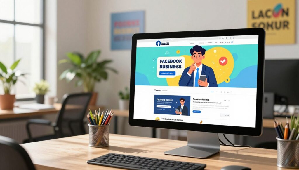 A vibrant, visually appealing Facebook business page displayed on a modern computer screen. In the foreground, showcase a sleek desktop setup featuring a high-resolution monitor with a colorful layout of a local business profile, including a profile picture, cover photo, and engaging posts. The middle of the image should highlight a professional individual in business attire, thoughtfully engaging with the screen, perhaps taking notes or interacting via a smartphone. The background should depict a well-lit office space, filled with plants and motivational posters, creating an inspiring atmosphere. Natural daylight streams in through a window, casting soft shadows and creating a warm, inviting environment that encourages creativity and connection.